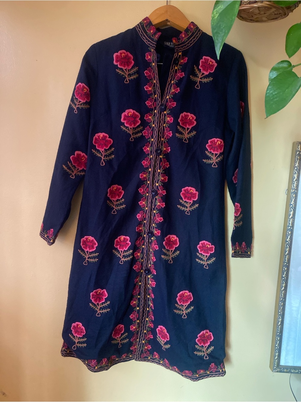 Black Embroidered Floral Midi Dress with Pink Roses